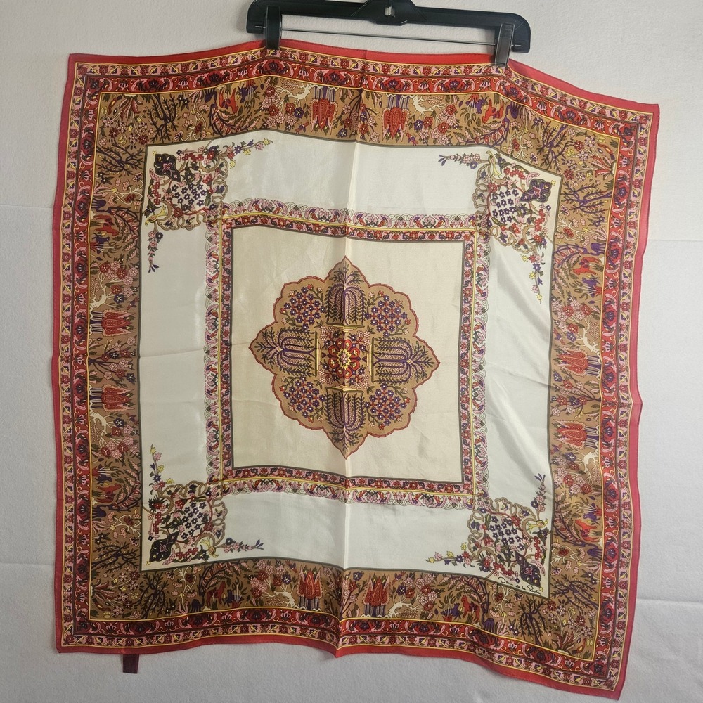 Oscar de la Renta Cream Silk Scarf with Red and Tan Floral Medallion